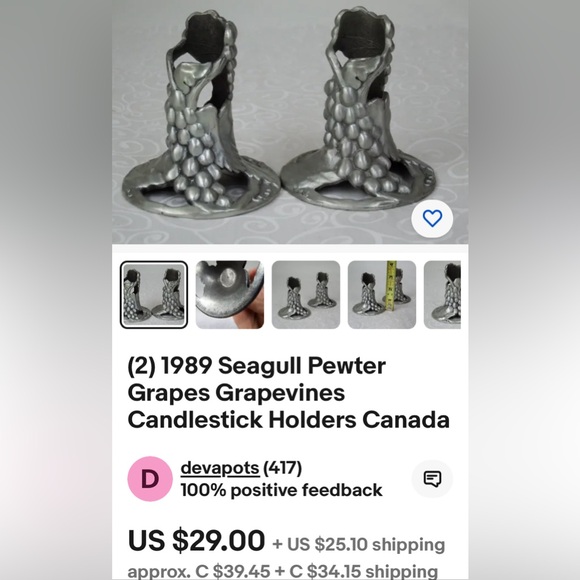 Pair Seagull pewter Canada 1989 candlestick  holders! Grapes and Grapevines - Picture 11 of 11